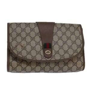 GUCCI GG Supreme Web Sherry Line Clutch Bag PVC Beige Gold